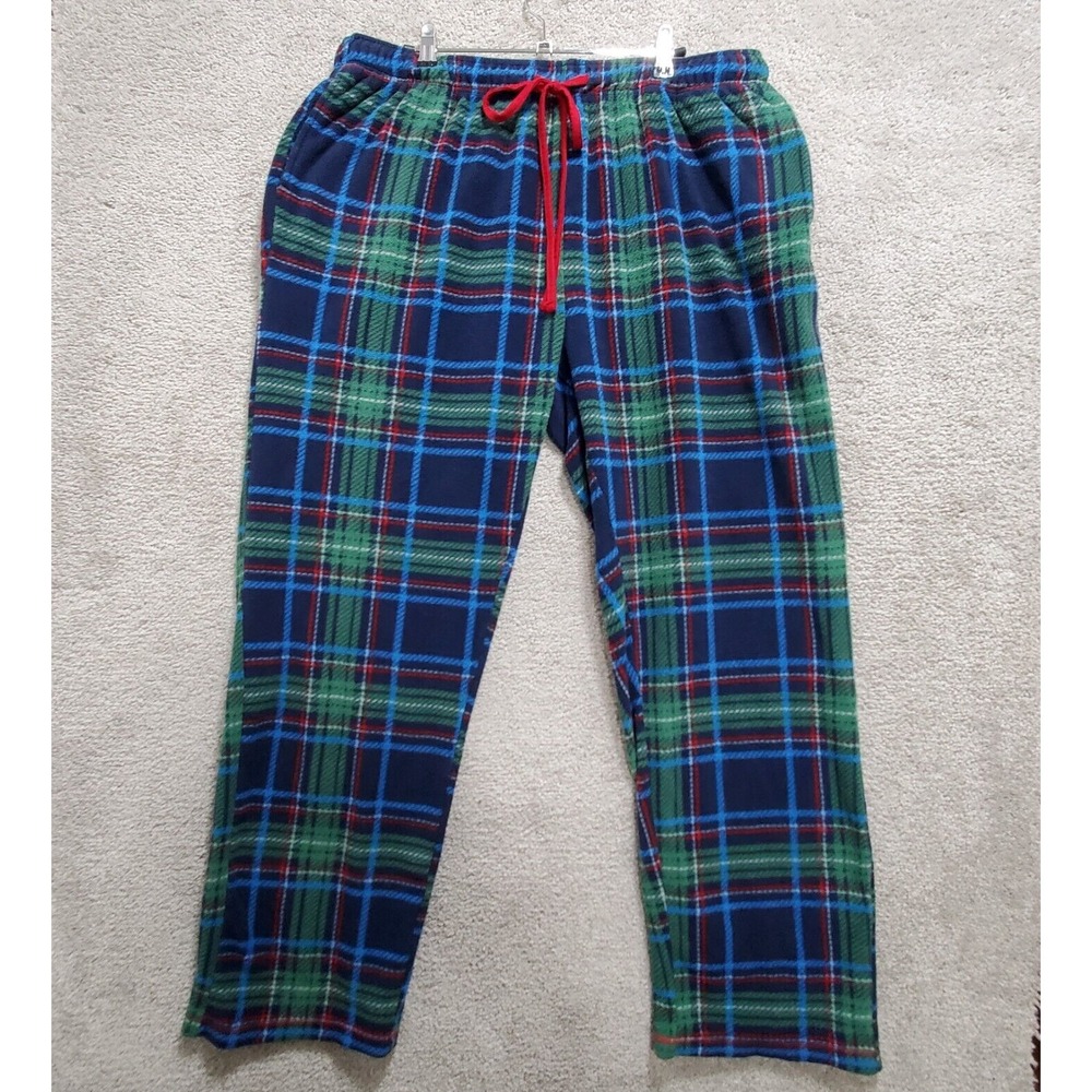Cuddl Duds Pajama Pants Mens XL Blue Green Plaid Soft Fleece Drawstring Pullover